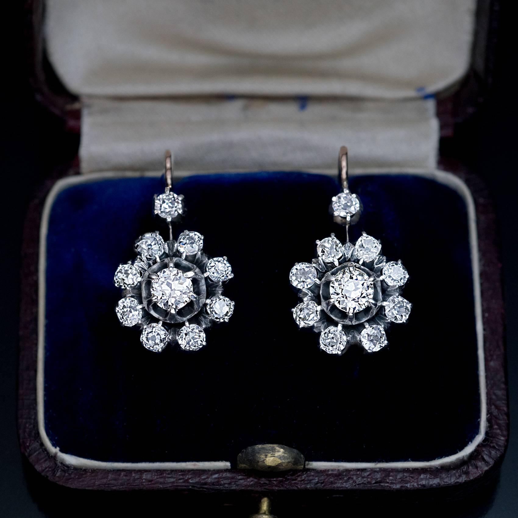 Antique Russian 2.50 Carat Diamond Silver-Topped Gold Snowflake Earrings In Excellent Condition In Chicago, IL