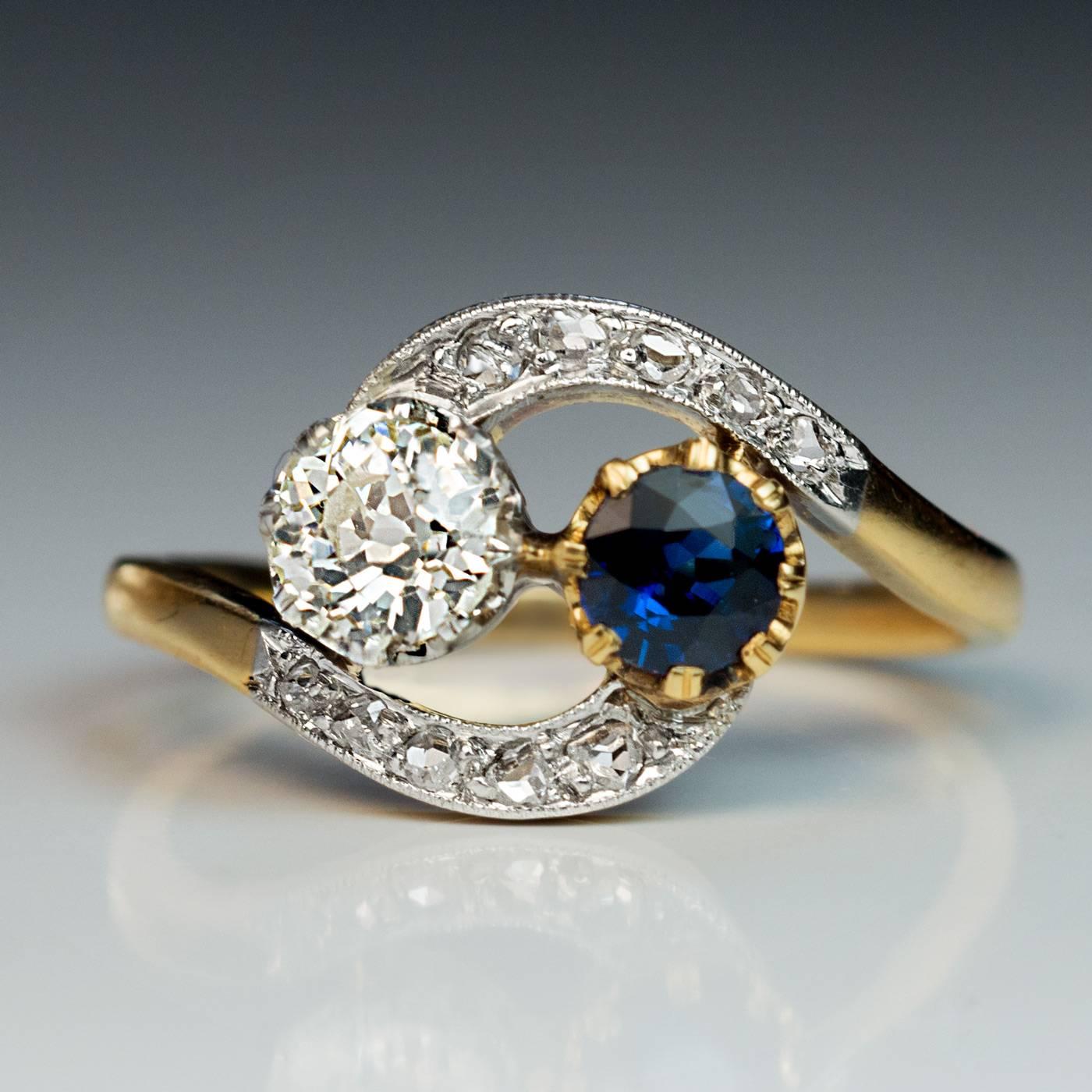 Women's Antique French Sapphire Diamond Crossover Engagement Ring