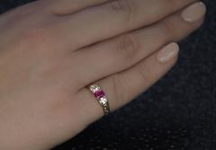 Antique Victorian Three-Stone Ruby Diamond Carved Gold Ring