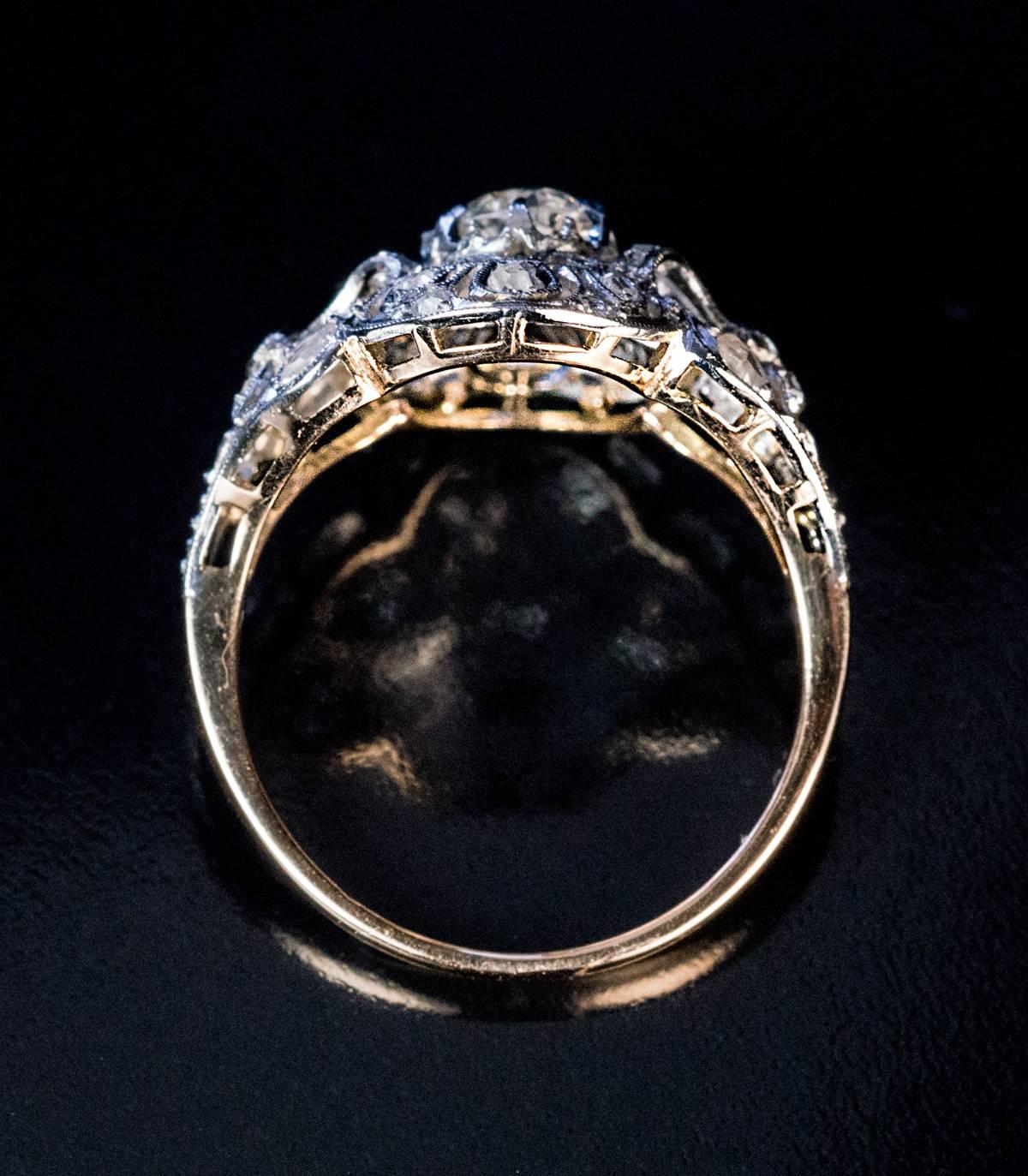 Antique Edwardian Bow Motif Diamond Platinum Gold Engagement Ring In Excellent Condition In Chicago, IL