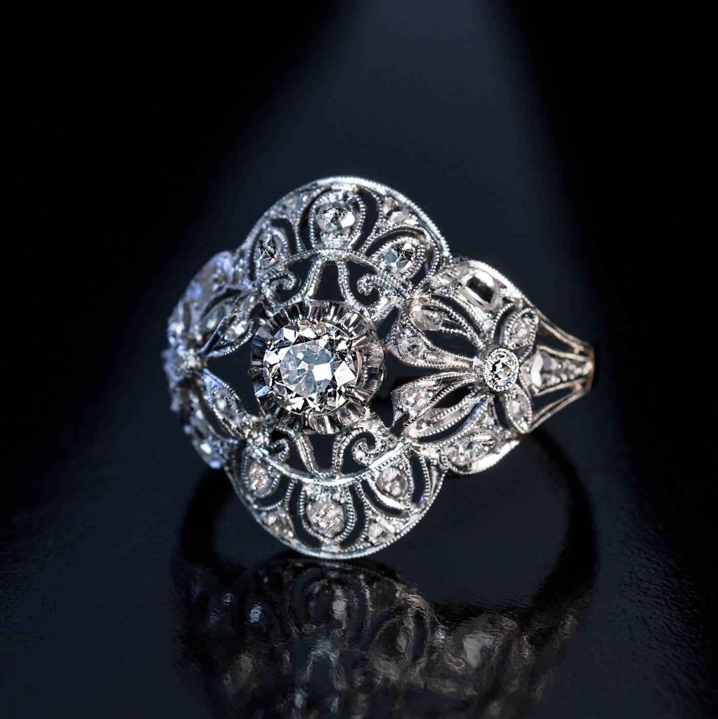 Women's Antique Edwardian Bow Motif Diamond Platinum Gold Engagement Ring