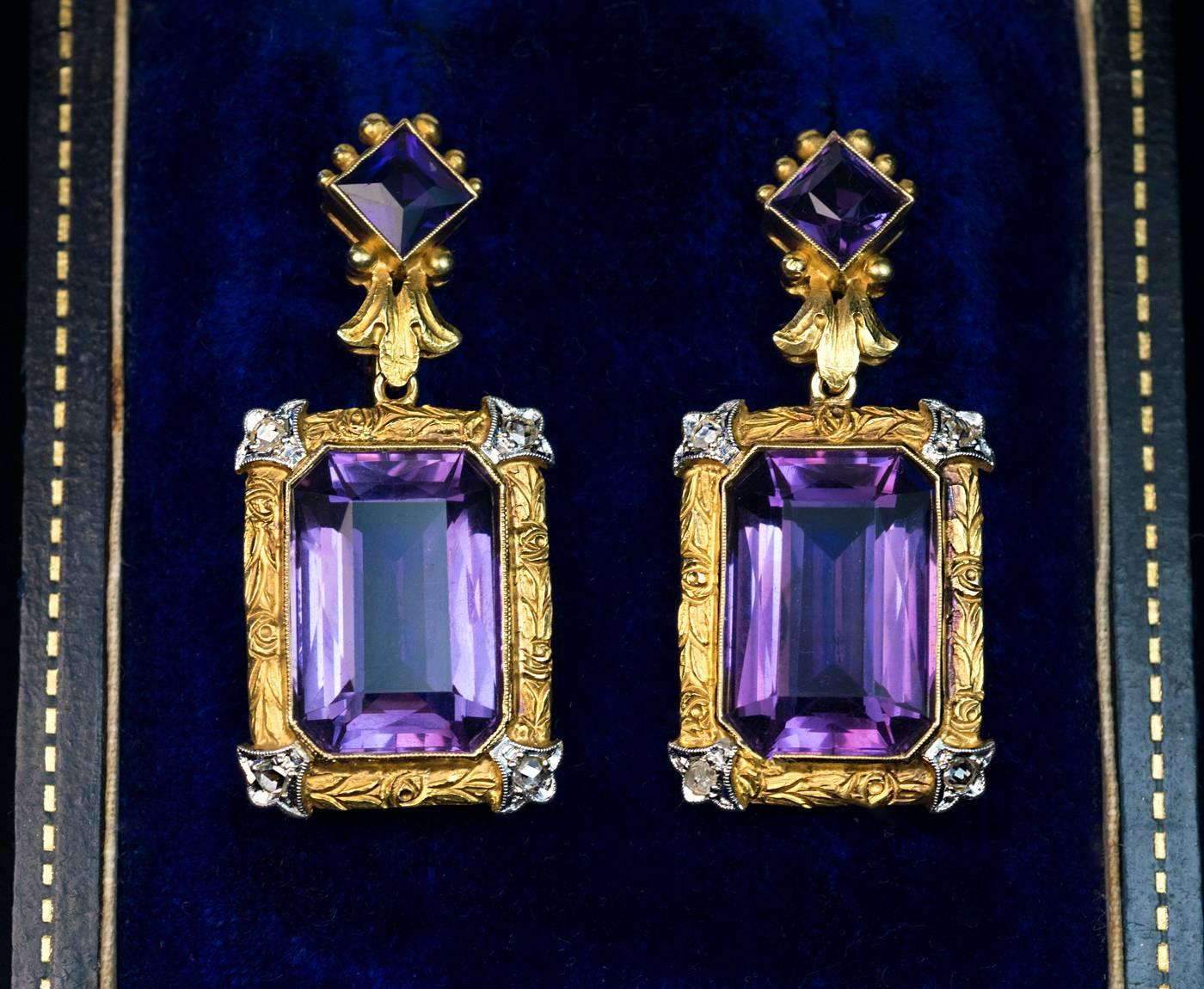 Belle Époque Antique Amethyst Diamond Carved Gold Platinum Earrings In Excellent Condition In Chicago, IL