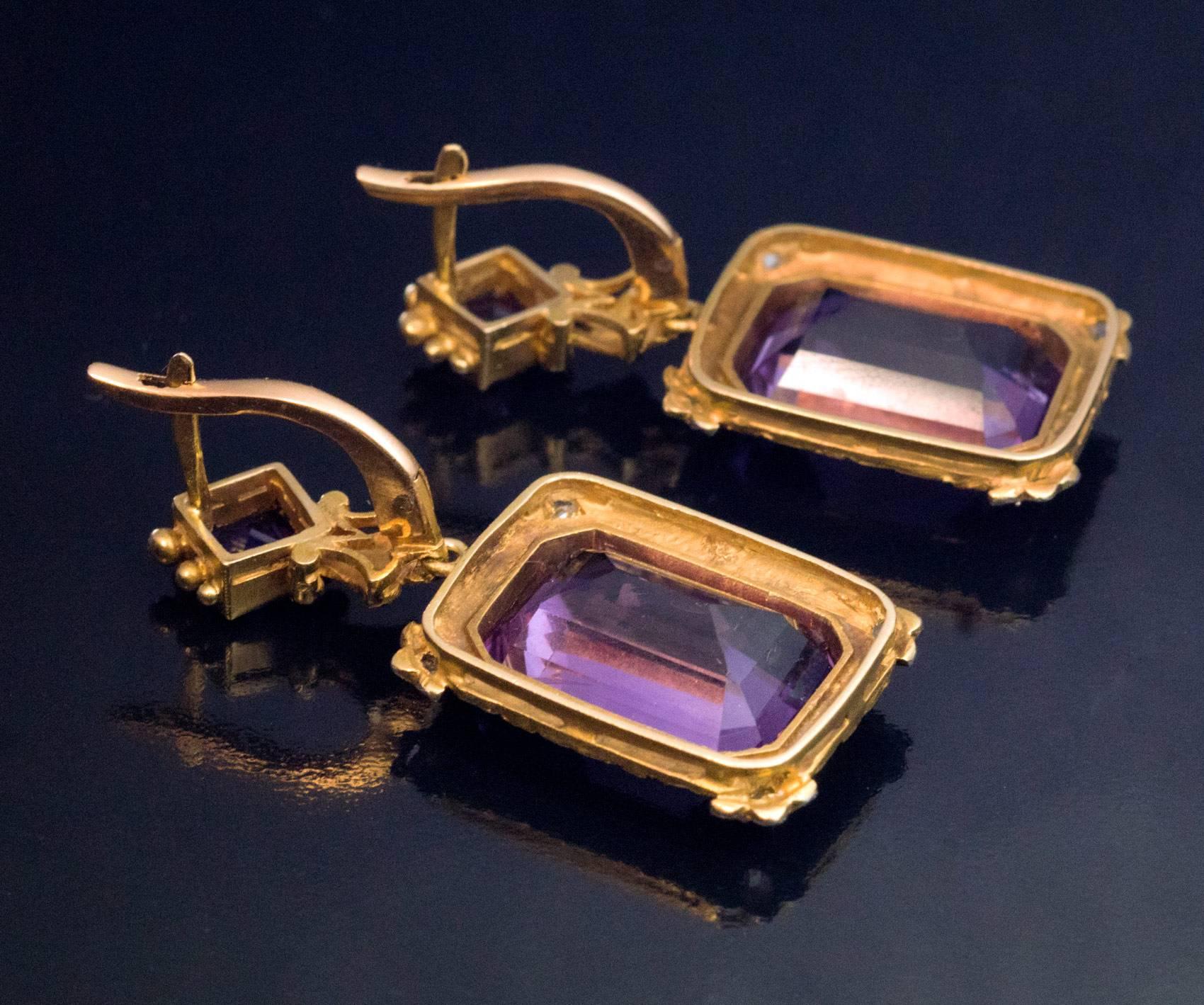 Women's Belle Époque Antique Amethyst Diamond Carved Gold Platinum Earrings