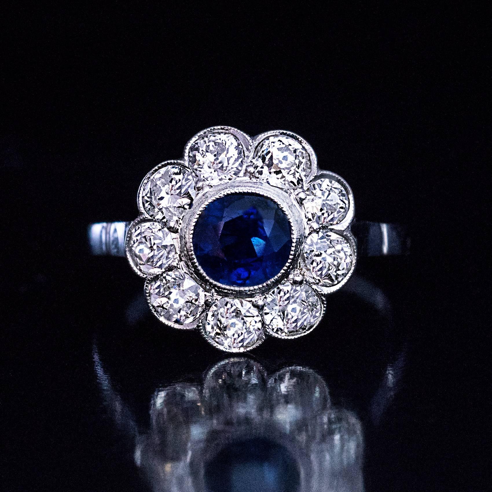 Women's Sapphire Old European Cut Diamond Platinum Engagement Ring