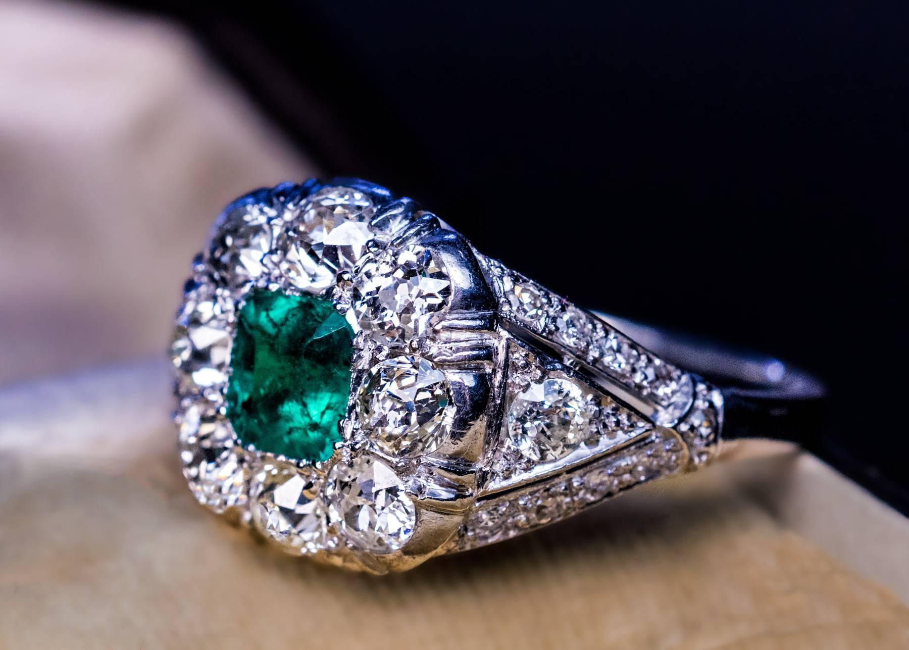 Emerald Cut Art Deco Emerald Diamond Platinum Engagement Ring For Sale