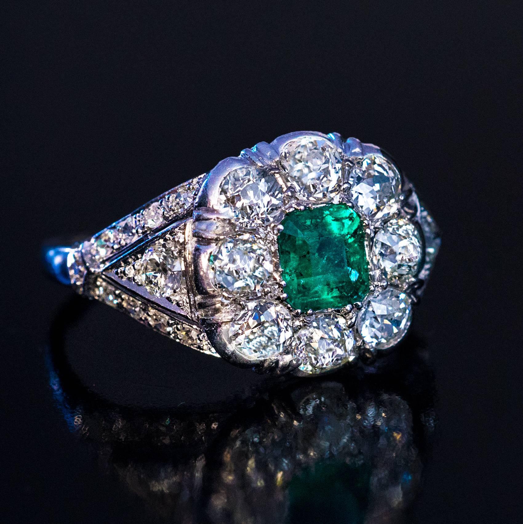 Women's Art Deco Emerald Diamond Platinum Engagement Ring For Sale