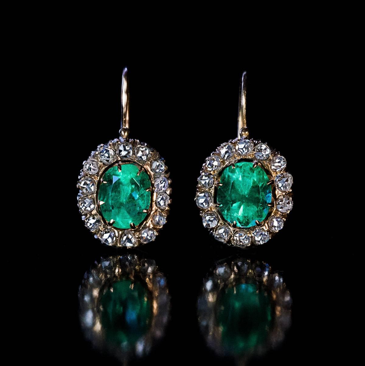 Victorian Antique Russian Emerald Rose Cut Diamond Earrings