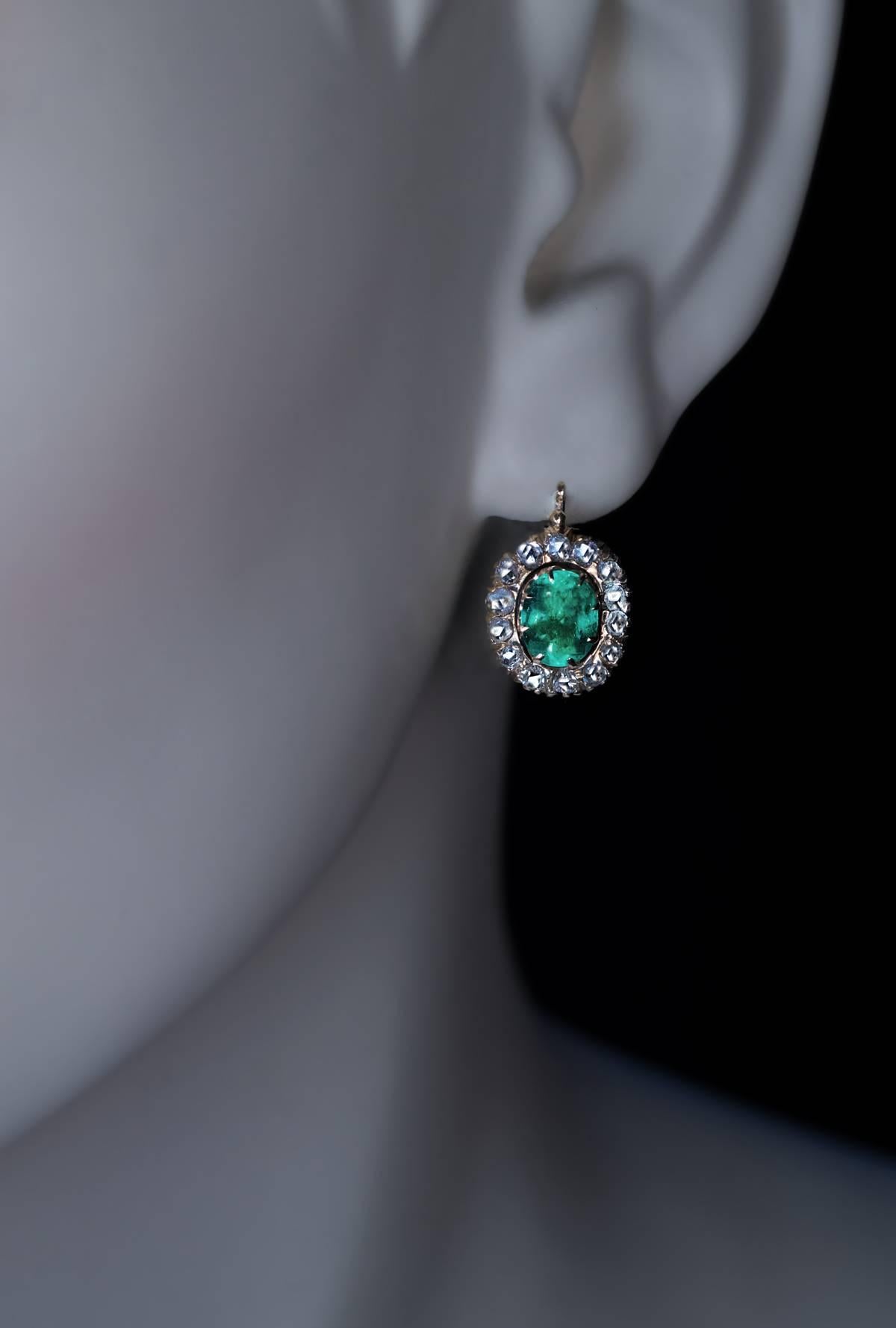 Antique Russian Emerald Rose Cut Diamond Earrings In Excellent Condition In Chicago, IL