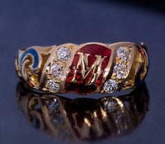 Renaissance Style ‘M’ Monogram Gold Enamel Diamond Ring