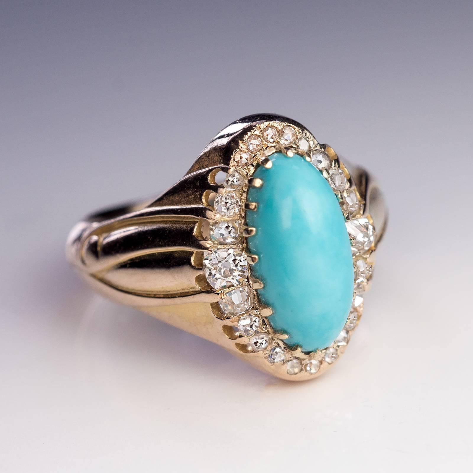 Antique Victorian Turquoise Diamond Gold Ring In Excellent Condition In Chicago, IL