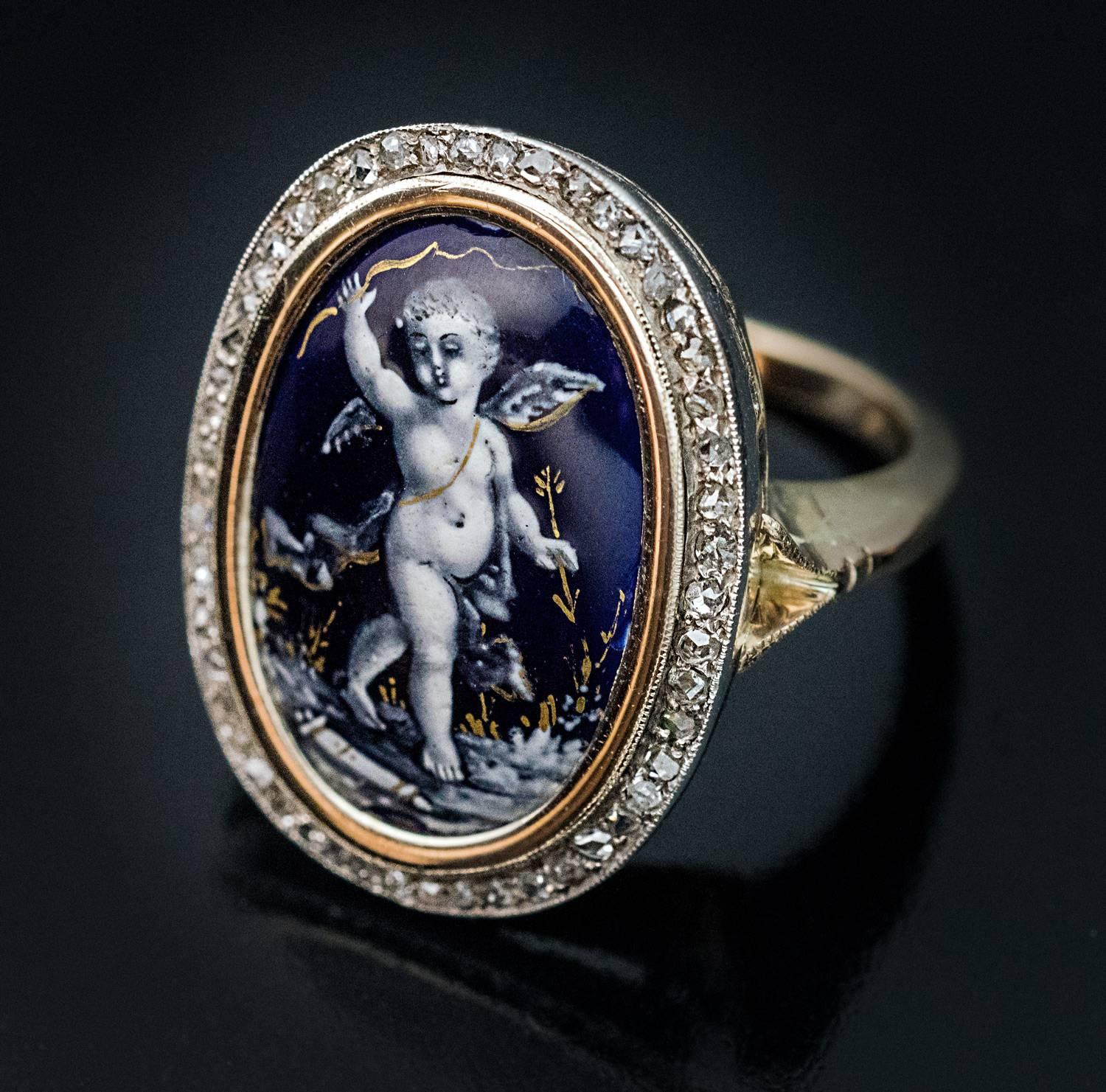 Antique Limoges Enamel Diamond Gold Victorian Ring In Excellent Condition In Chicago, IL