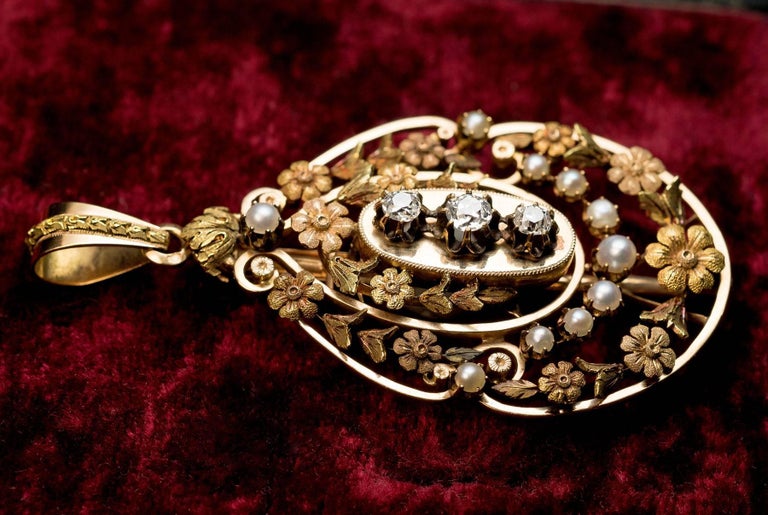 Women's Belle Epoque Antique French Gold Diamond Pearl Pendant For Sale