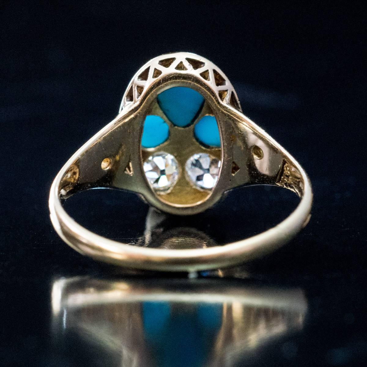 Antique Victorian Turquoise Diamond Gold Forget Me Not Ring In Excellent Condition In Chicago, IL