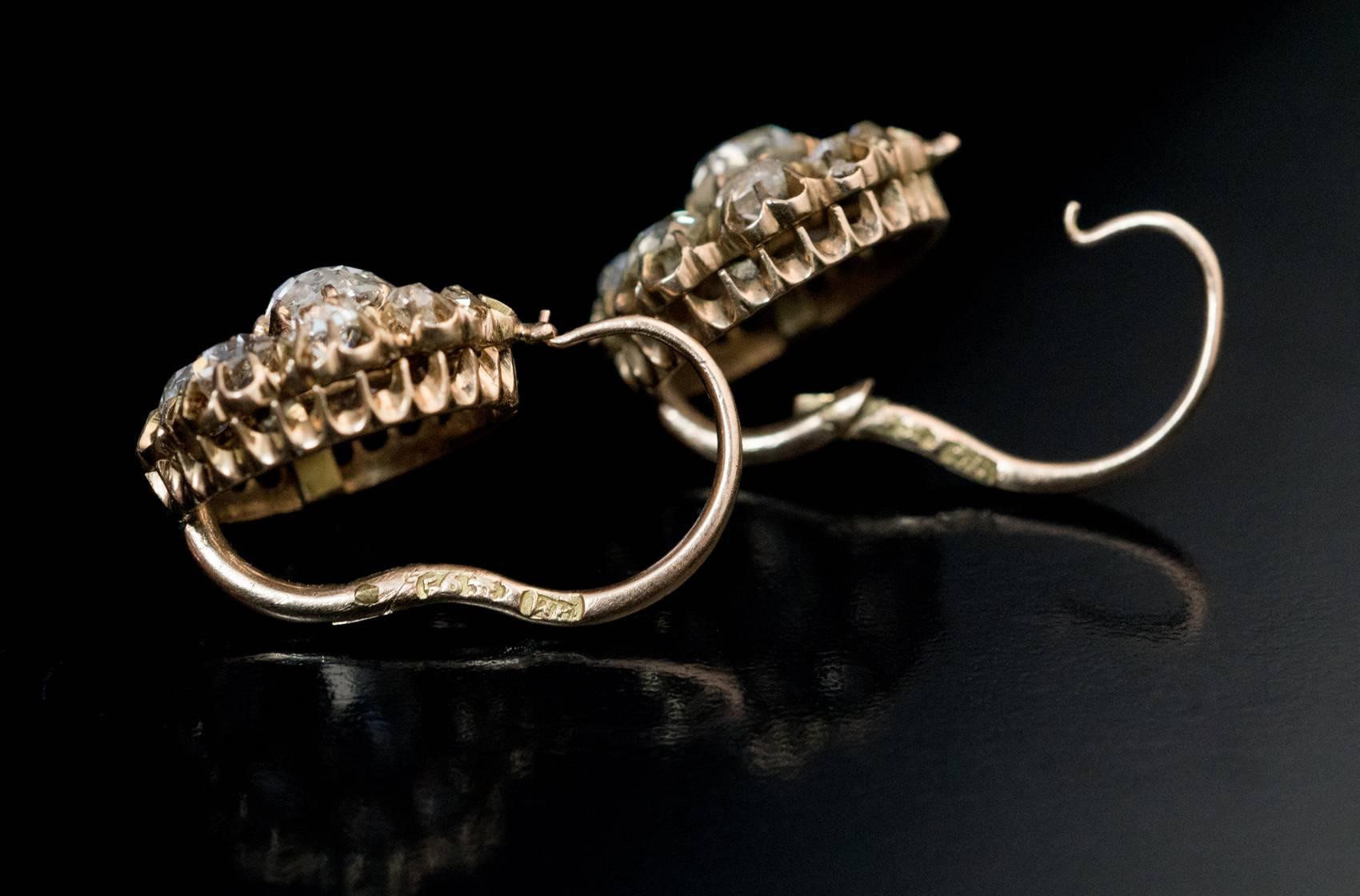 Victorian Antique Russian 19th Century 4.10 Carat Tw Diamond Cluster Earrings