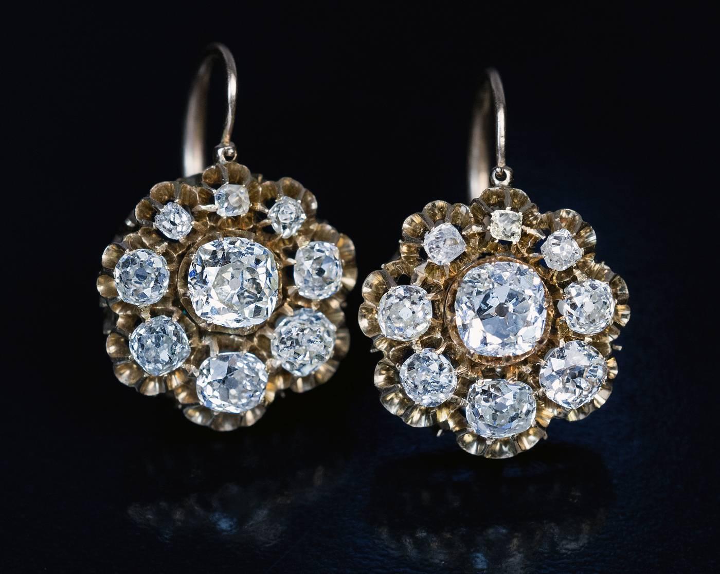 Antique Russian 19th Century 4.10 Carat Tw Diamond Cluster Earrings In Excellent Condition In Chicago, IL
