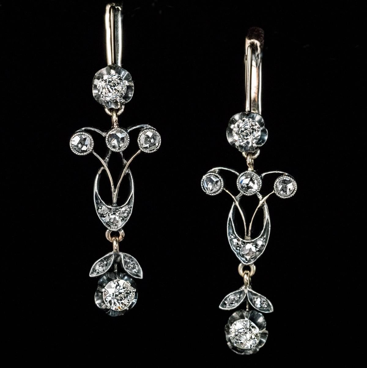 Women's or Men's Antique Edwardian Diamond Silver Gold Dangle Earrings
