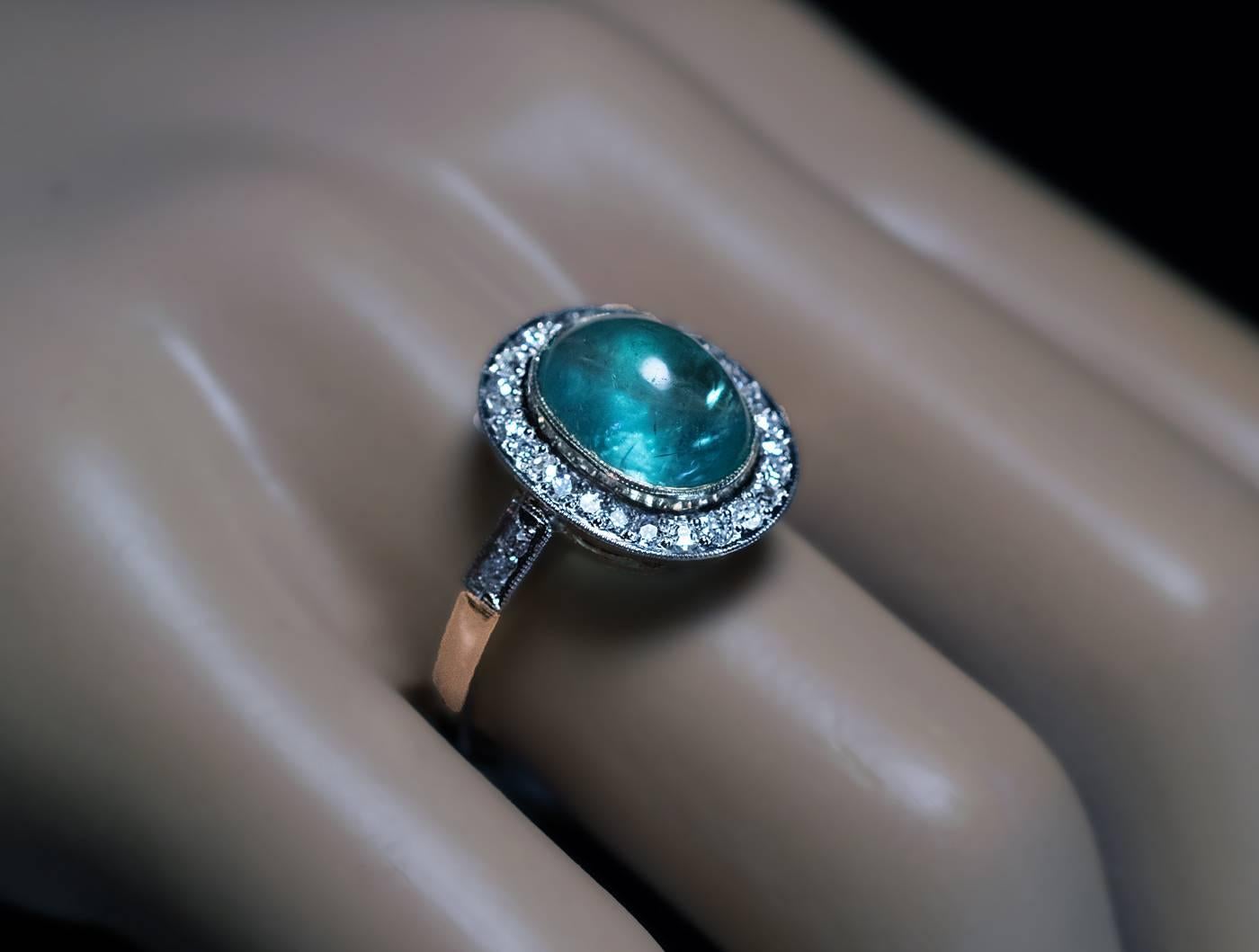 Cabochon Emerald Diamond Three-Color Gold Ring 1