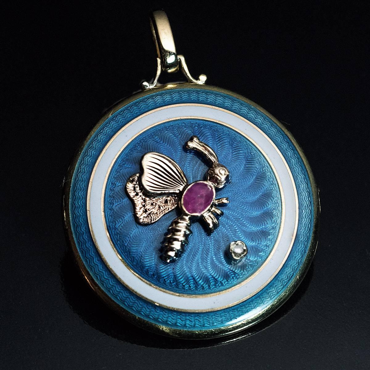 Antique Edwardian Jeweled Enamel Gold Locket Pendant In Excellent Condition In Chicago, IL