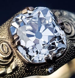 Antique Russian 2.19 Carat Old Cushion Cut Diamond Gold Unisex Ring