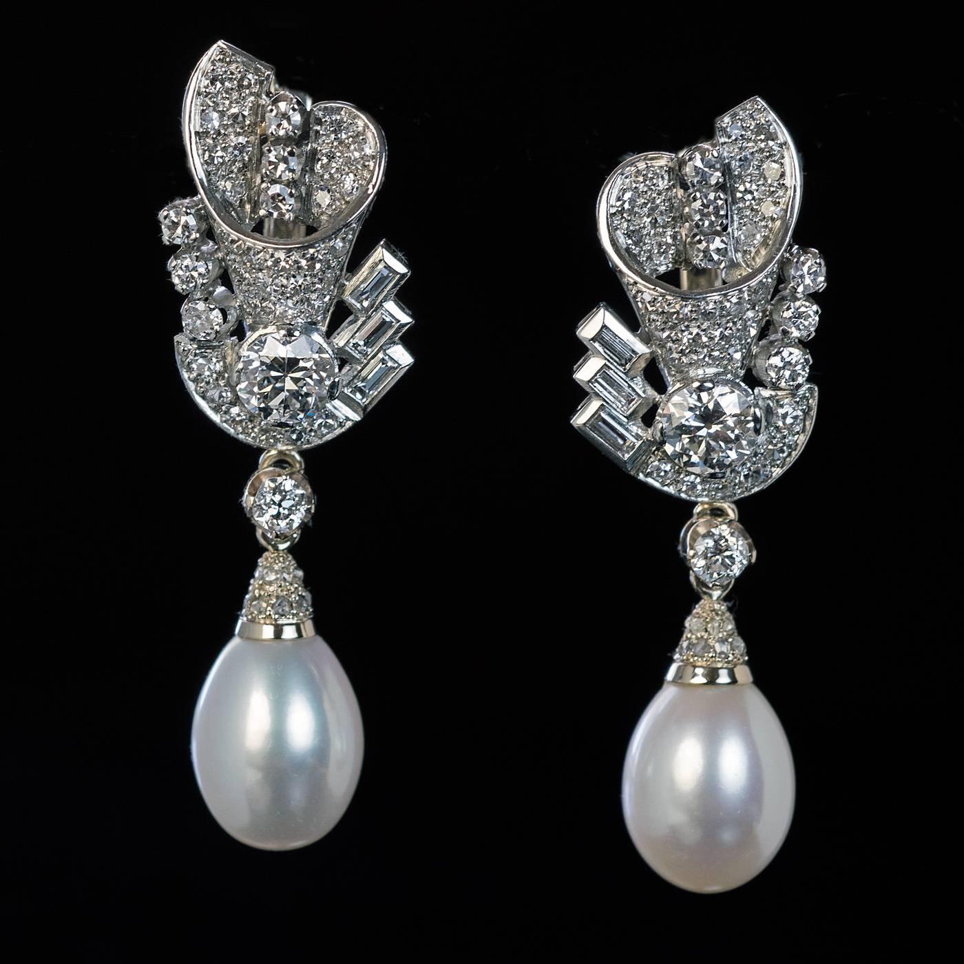 Diamant-Zuchtperlen-Ohrringe im Art déco-Stil (Alteuropäischer Schliff) im Angebot