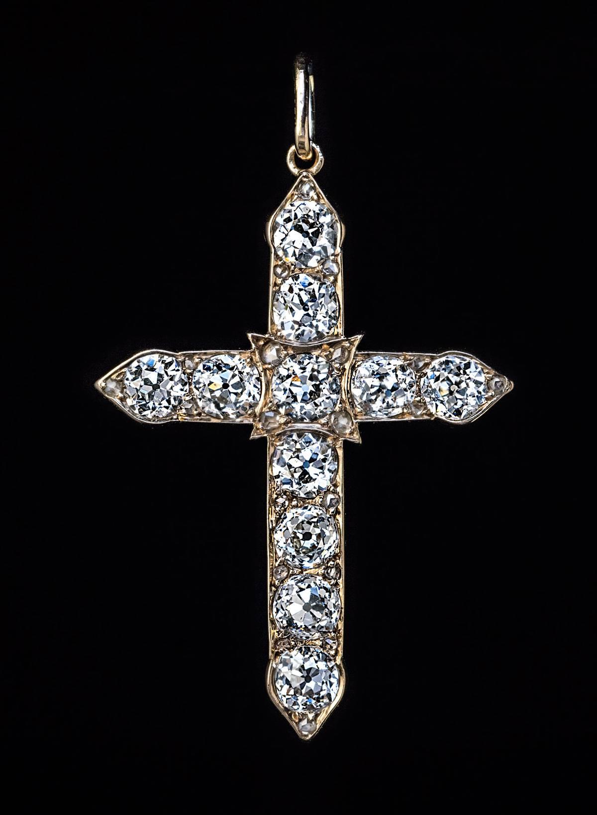 Women's or Men's Antique Russian 4.80 Carat Diamond Gold Cross Pendant