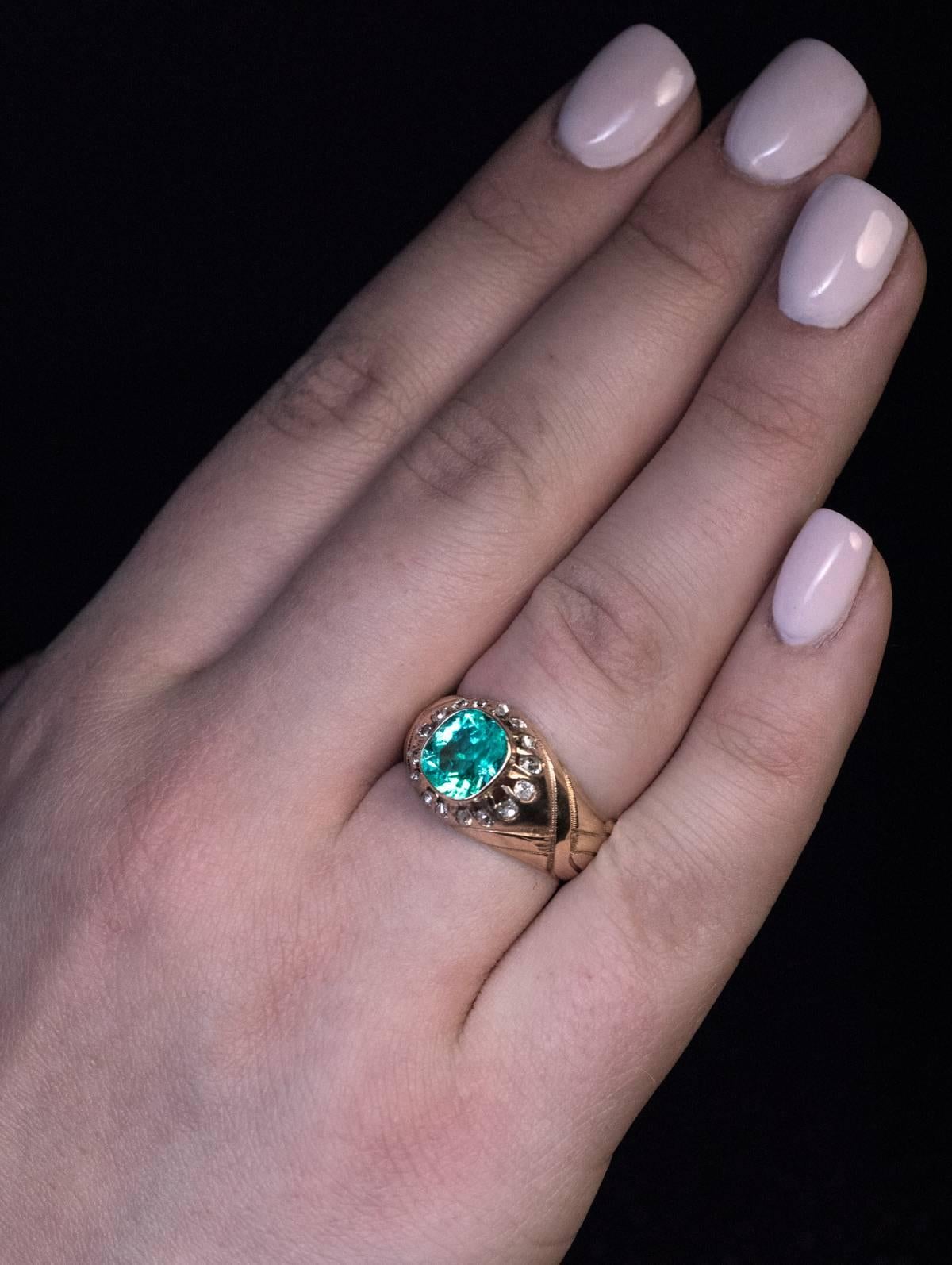 Antique Russian Emerald Diamond Unisex Ring 1