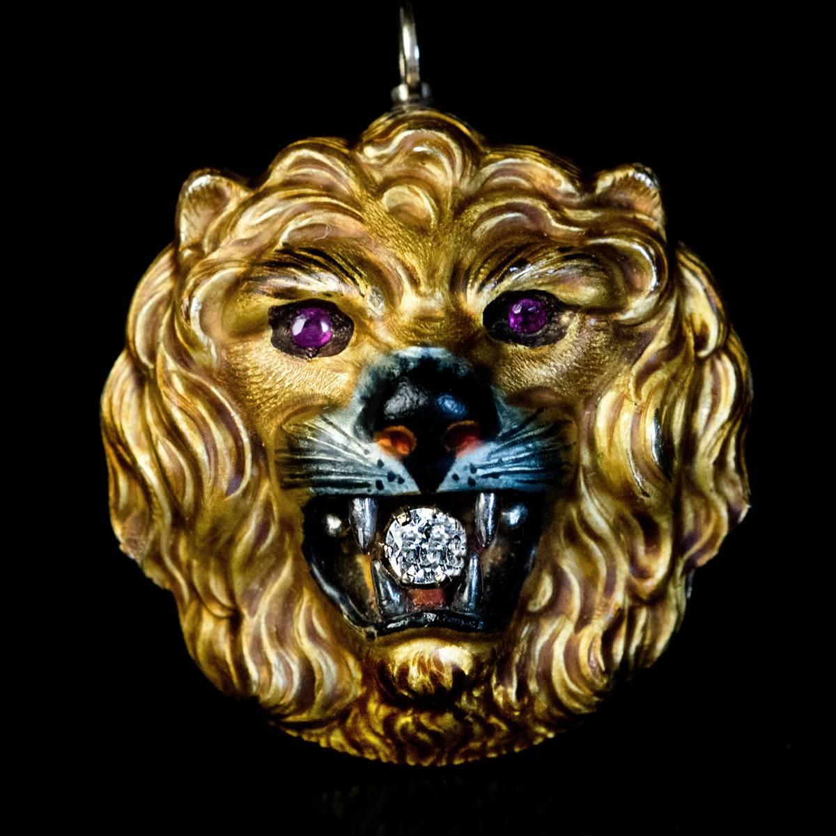  Antique Enamel Gold Diamond Ruby Lion Pendant Brooch In Excellent Condition In Chicago, IL