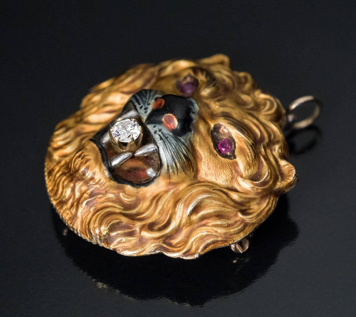 Women's or Men's  Antique Enamel Gold Diamond Ruby Lion Pendant Brooch