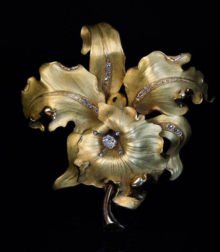 Large Antique Art Nouveau Diamond Gold Orchid Brooch For Sale 1
