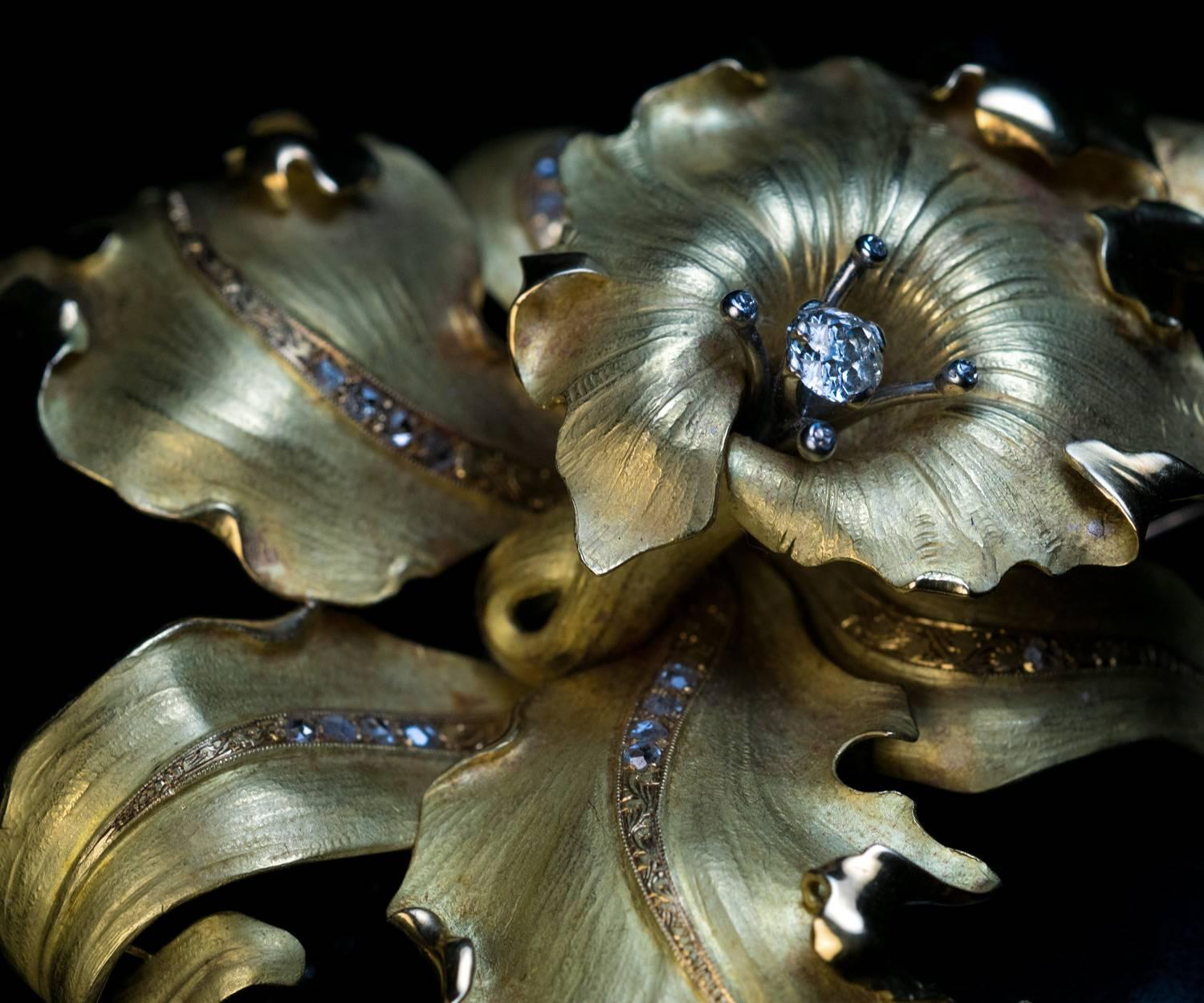 Women's Large Antique Art Nouveau Diamond Gold Orchid Brooch For Sale