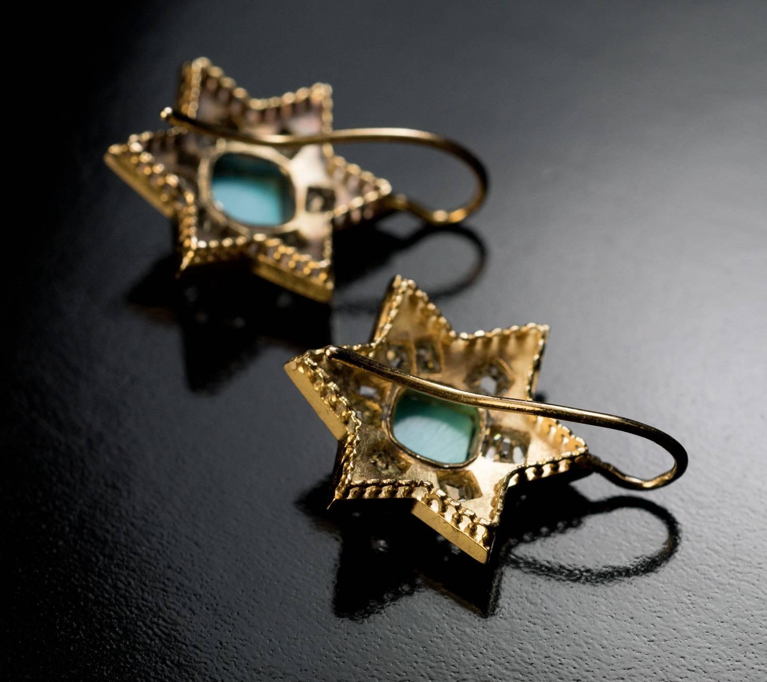Circa 1870s

A pair of antique Victorian era star-shaped earrings is handcrafted in 14K gold. Each earring is centered with a square cabochon cut turquoise surrounded by densely set chunky old mine and rose cut diamonds. The borders of the stars are