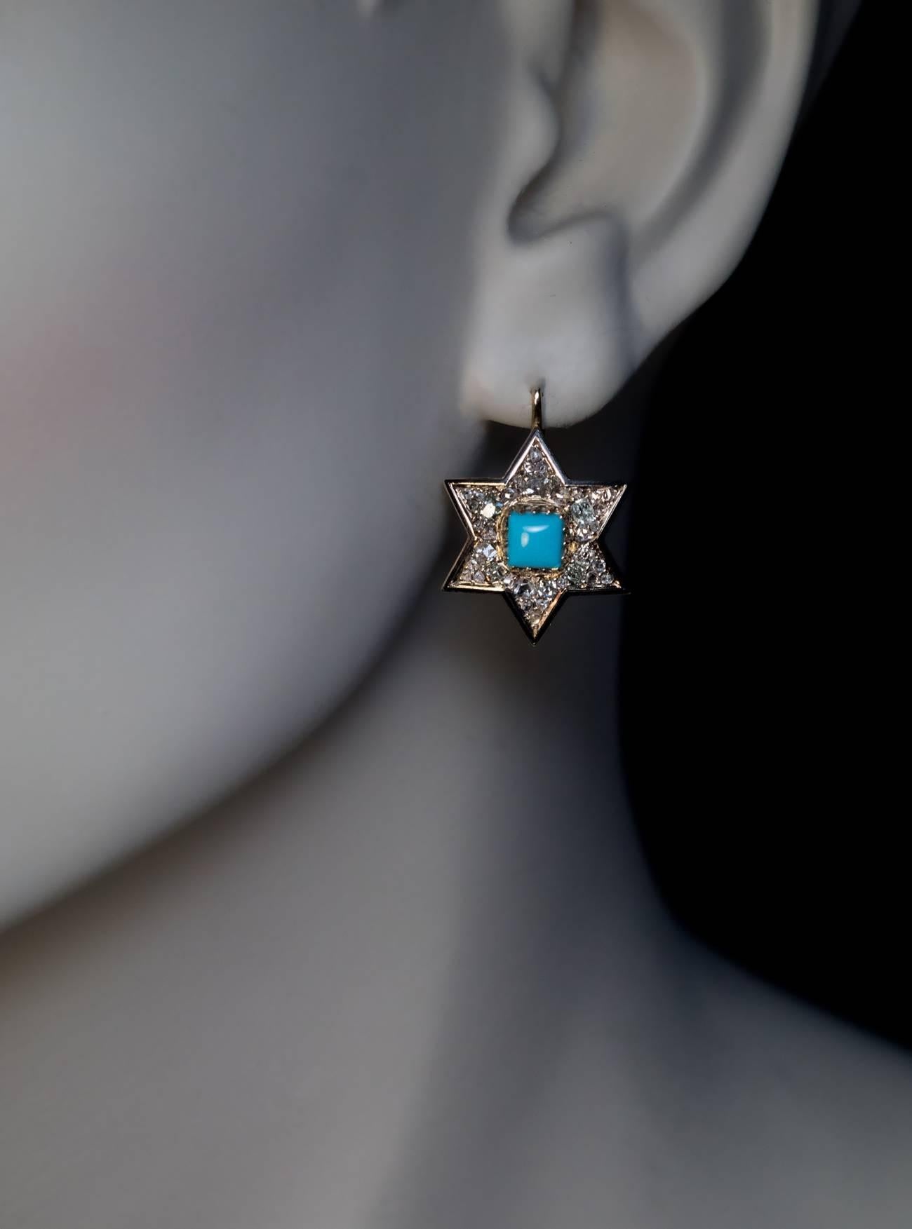 Antique Victorian Turquoise Diamond Gold Star Earrings In Excellent Condition In Chicago, IL