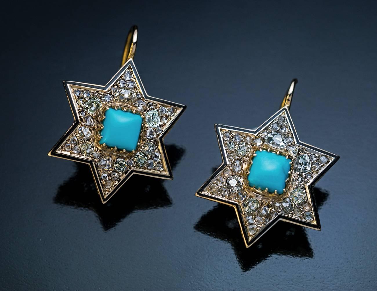 Women's Antique Victorian Turquoise Diamond Gold Star Earrings