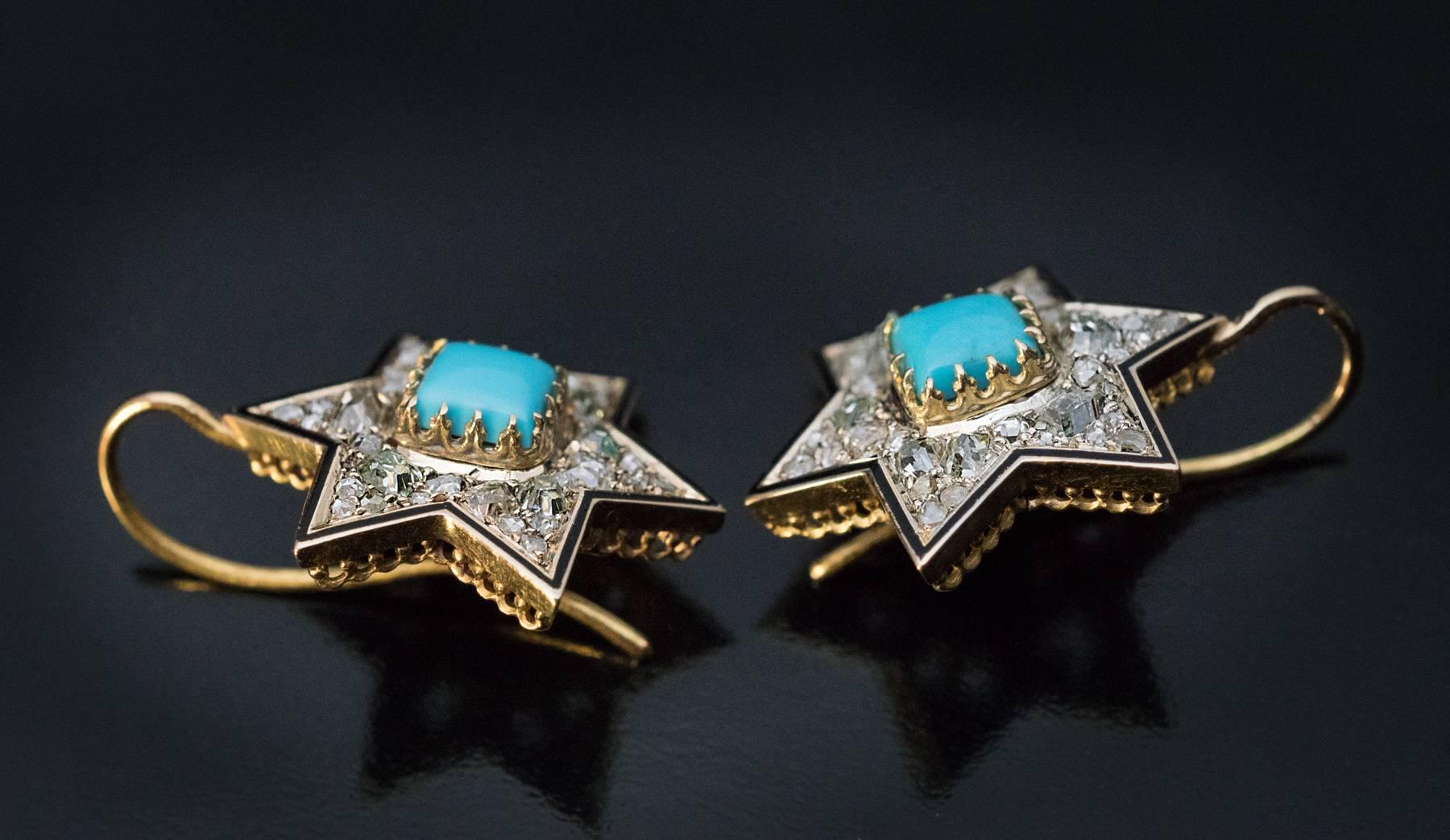 Antique Victorian Turquoise Diamond Gold Star Earrings 1