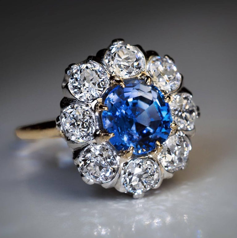 Antique 2.24 Carat Sapphire Diamond Cluster Engagement Ring at 1stDibs