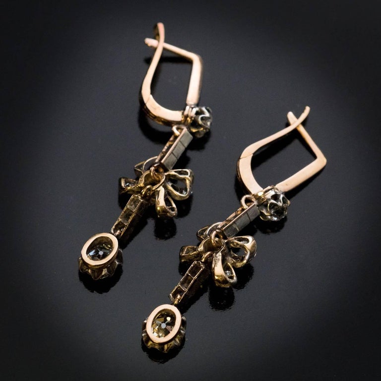 Antique Bow Motif Diamond Dangle Earrings at 1stDibs