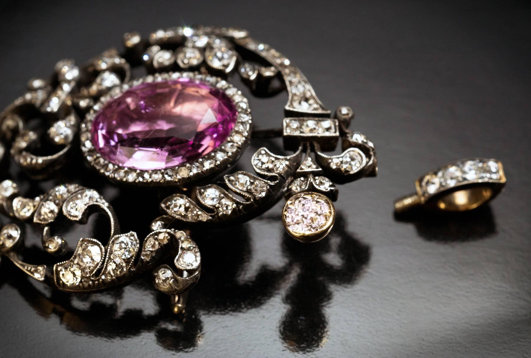 Antique 19th Century Tourmaline Diamond Pendant Brooch In Excellent Condition In Chicago, IL