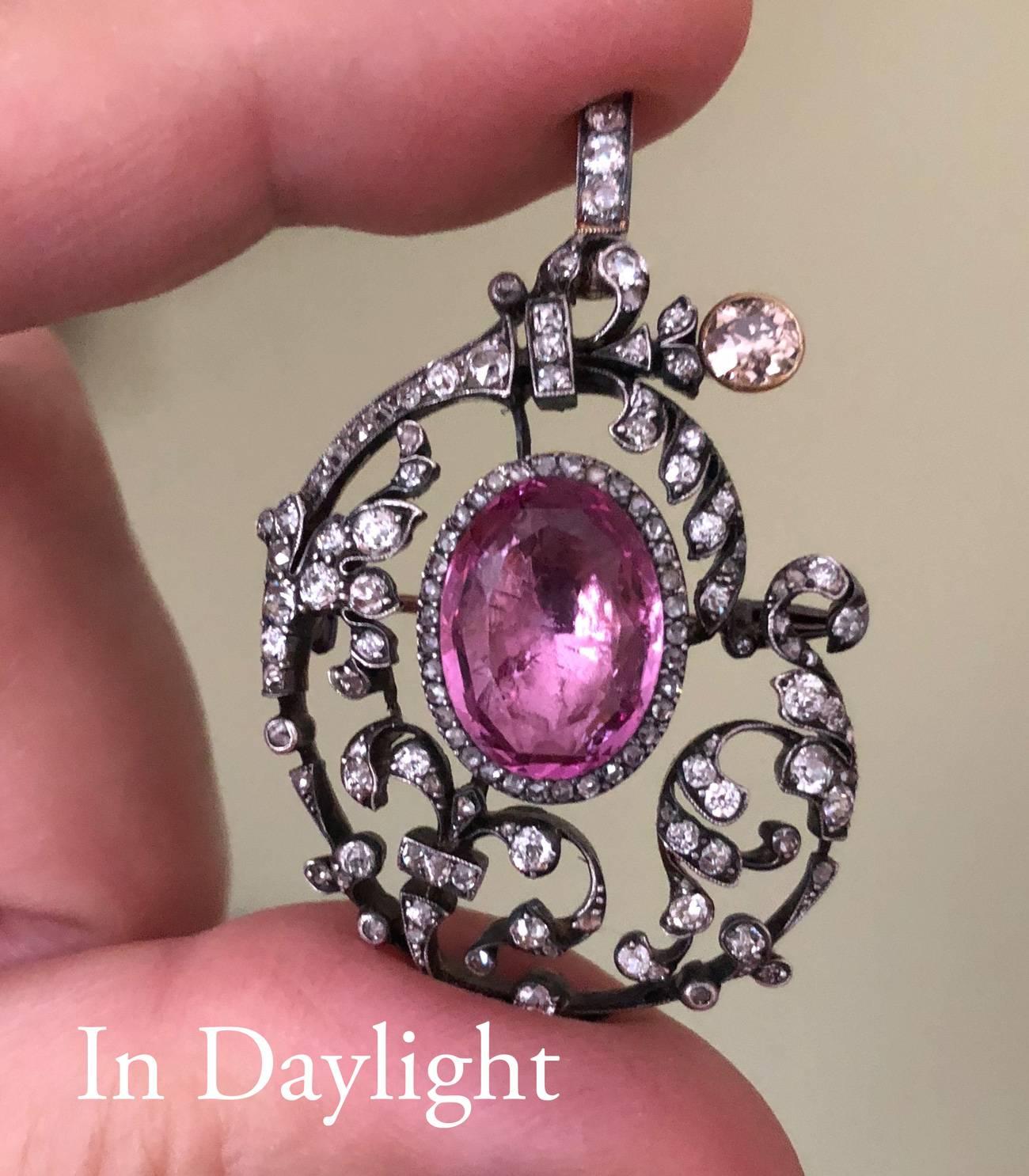 Women's Antique 19th Century Tourmaline Diamond Pendant Brooch