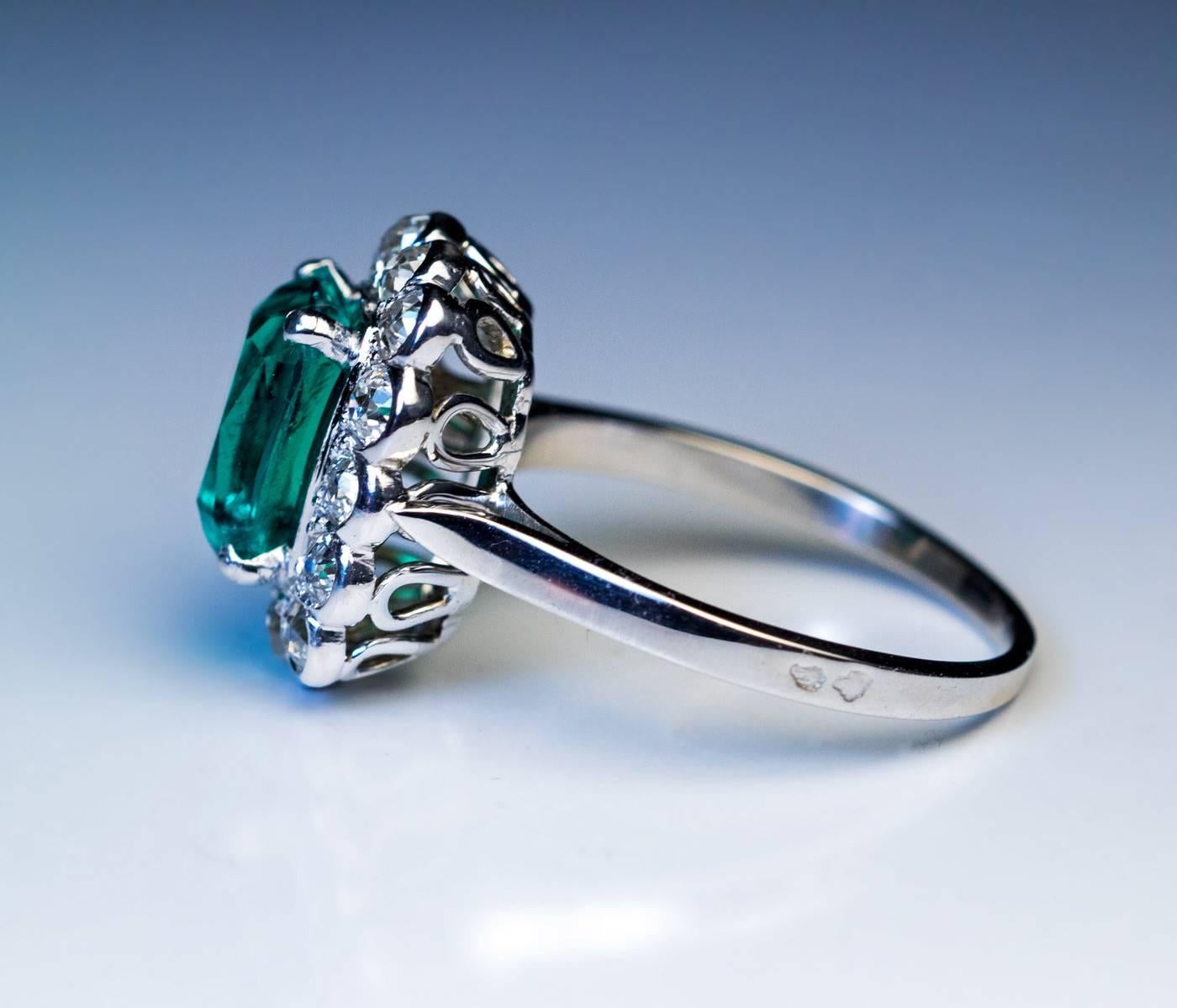 Cushion Cut Rare Untreated 2.31 Carat Colombian Emerald Diamond Ring