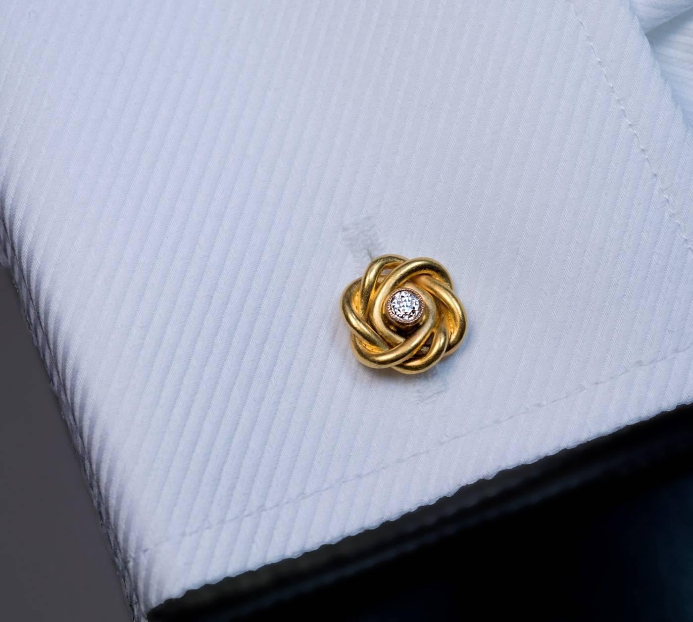 Made in St.Petersburg between 1908 and 1917 by Rudolf Weide, a prominent jeweler of the period.

The 14K gold cufflinks of a knot design are centered with sparkling old European cut diamonds.

Marked with 56 zolotnik Imperial gold standard with St.