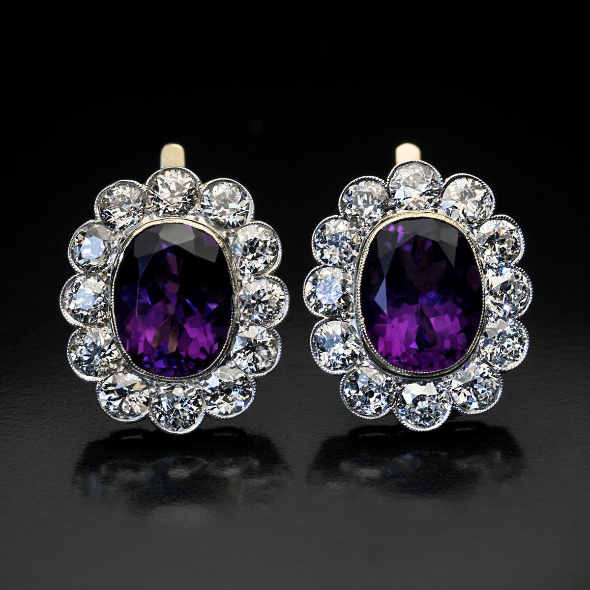 Antike russische Amethyst-Diamant-Cluster-Ohrringe im Zustand „Hervorragend“ im Angebot in Chicago, IL