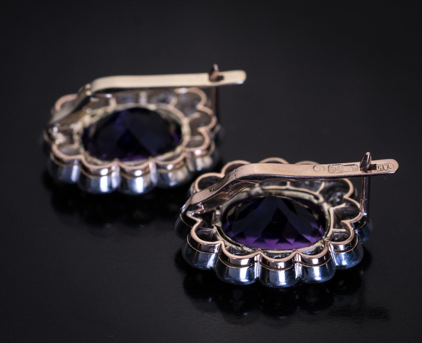 Antike russische Amethyst-Diamant-Cluster-Ohrringe Damen im Angebot