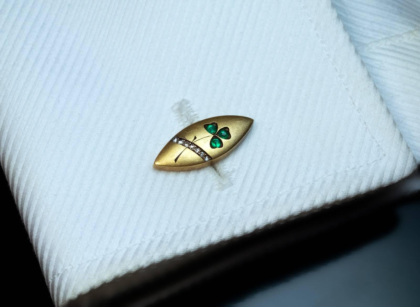 The 14K yellow gold cufflinks are embellished with jeweled Art Nouveau floral design and set with 6 emeralds and 14 old rose cut diamonds.

Marked with later Soviet 583 gold control marks from the 1930s

Width 20 mm (6/8 in.)