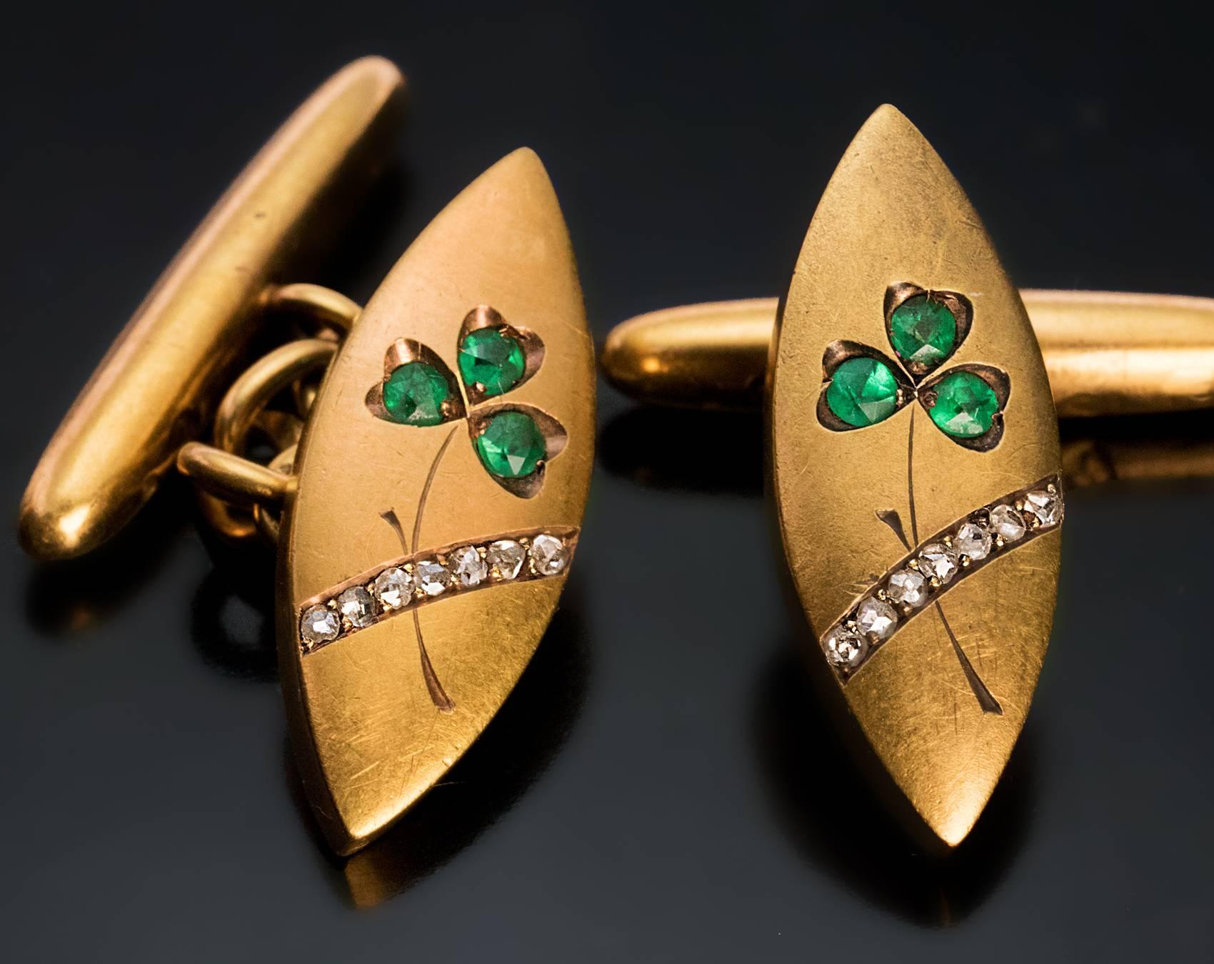 Art Nouveau Emerald Diamond Gold Cufflinks In Excellent Condition For Sale In Chicago, IL