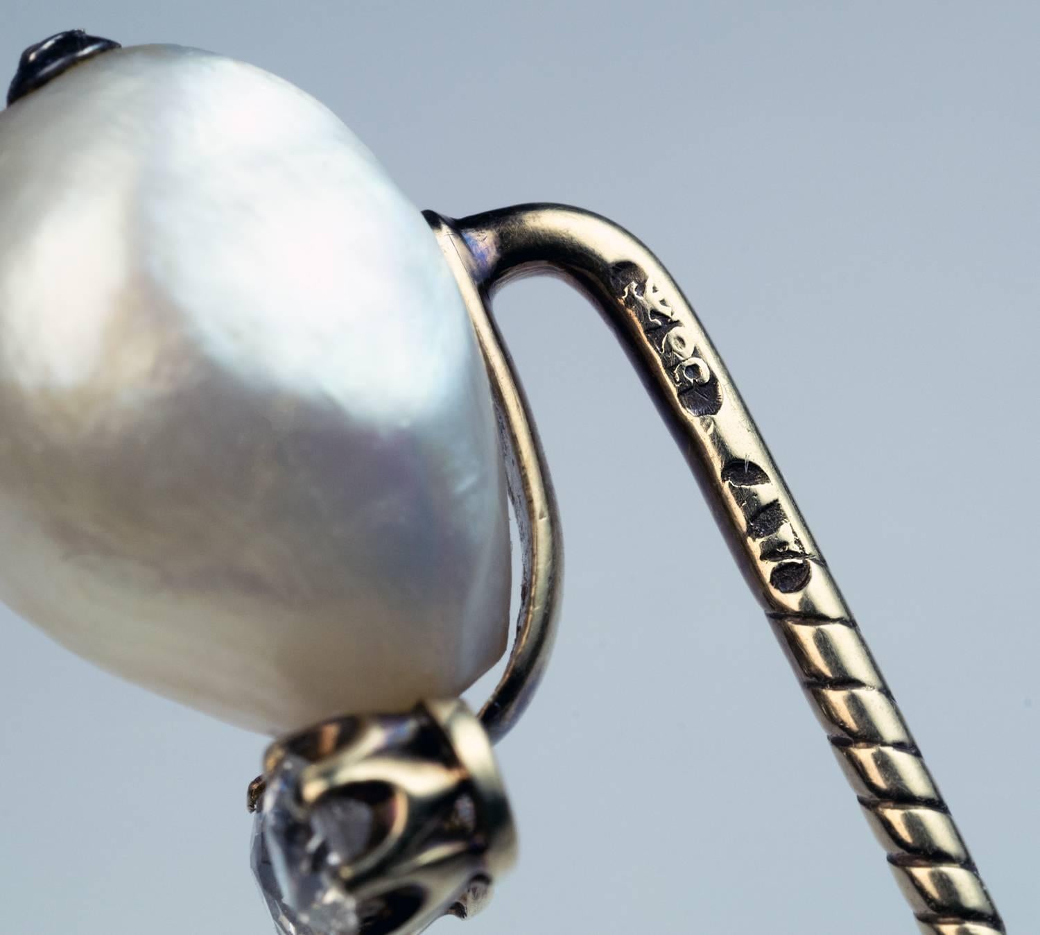Épingle bâton ancienne en or avec perles naturelles et diamants de Fabergé des années 1890  Unisexe en vente