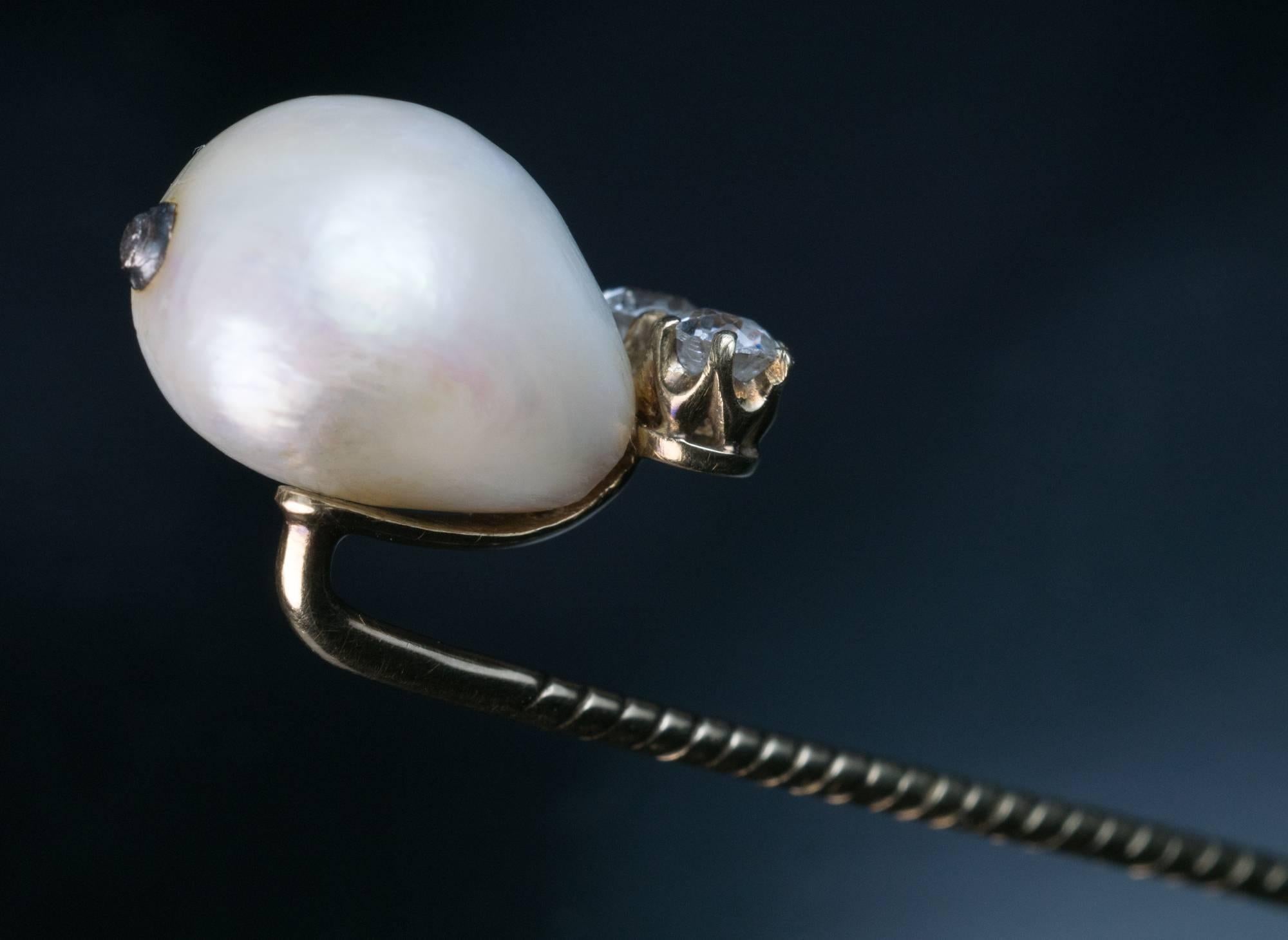 1890s Faberge Antique Natural Pearl Diamond Gold Stickpin  In Excellent Condition For Sale In Chicago, IL