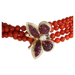 Four-Strand Red Coral Necklace with 18K Yellow Gold Butterfly Clasp, Rubies, and