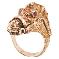 Vintage Handmade 14K Yellow Gold Textured Ruby Horse Head Cocktail Ring