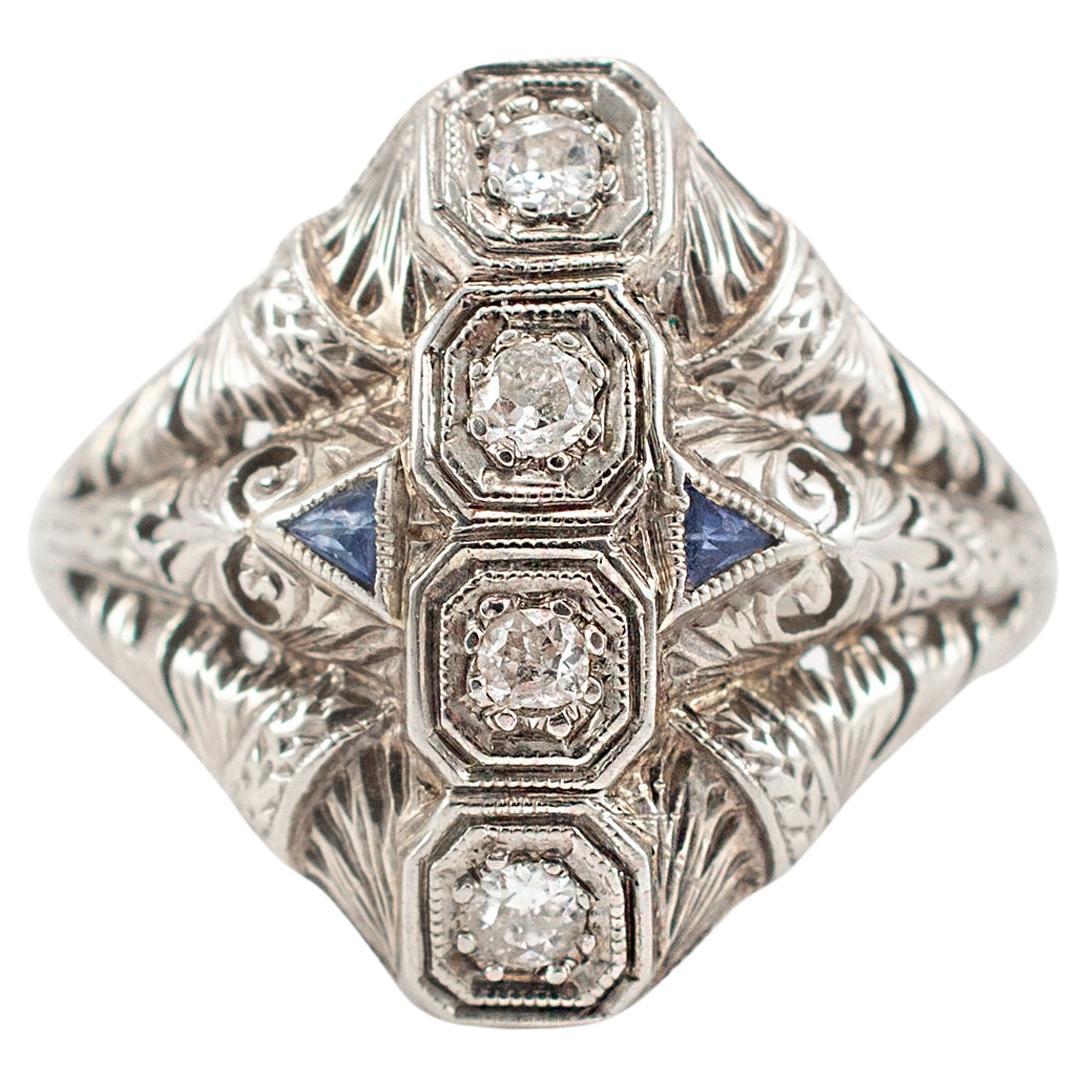 Antique Art Deco Filigreed 18K White Gold Four Diamond Sapphire Cocktail Ring