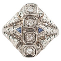 Antique Art Deco Filigreed 18K White Gold Four Diamond Sapphire Cocktail Ring